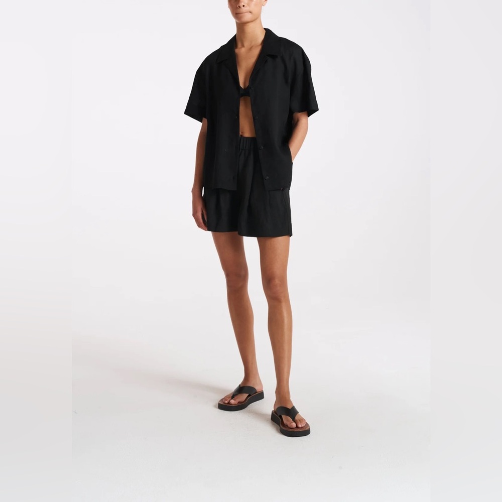 ASCENO Black Organic Linen Shorts Pull On Relaxed Fit Size Small